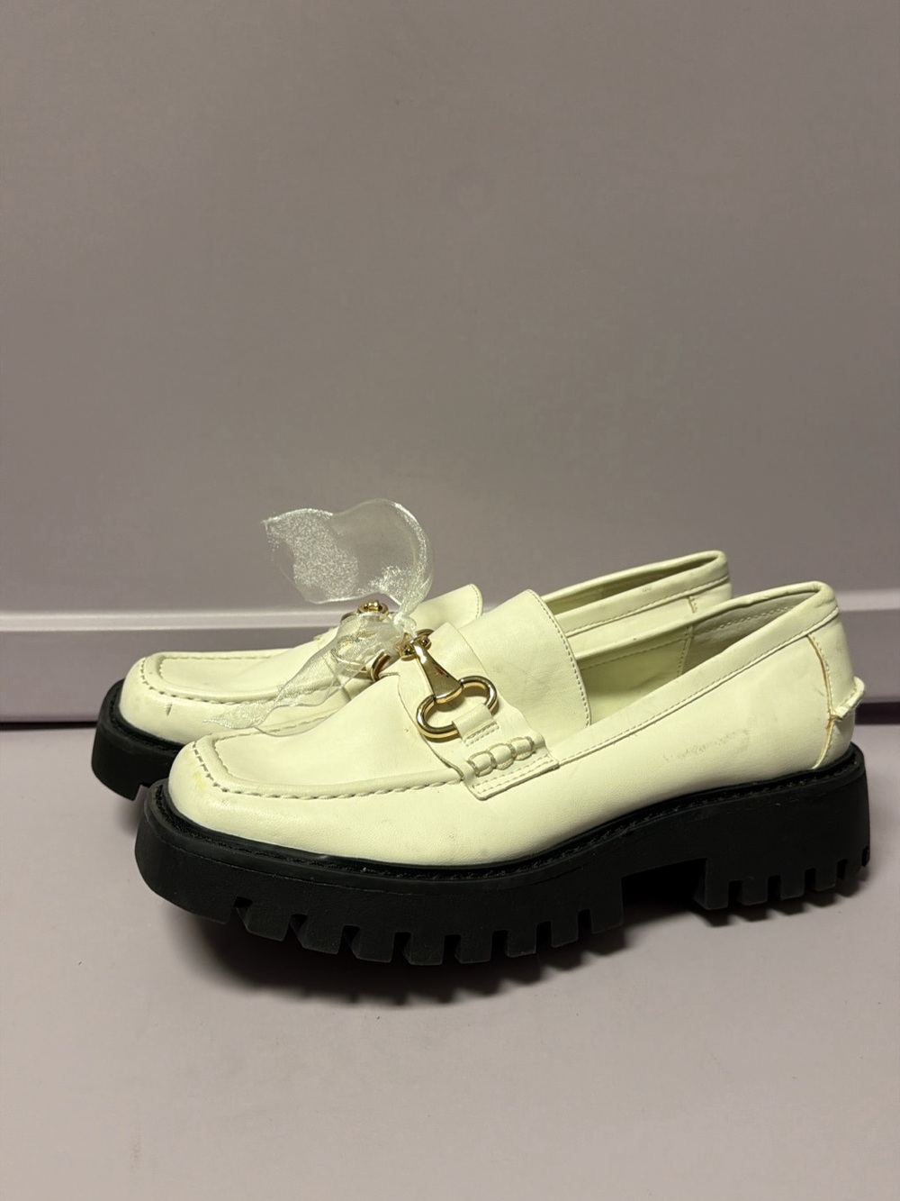 Cream Leather Lug-Sole Loafers with Gold Bit Detail